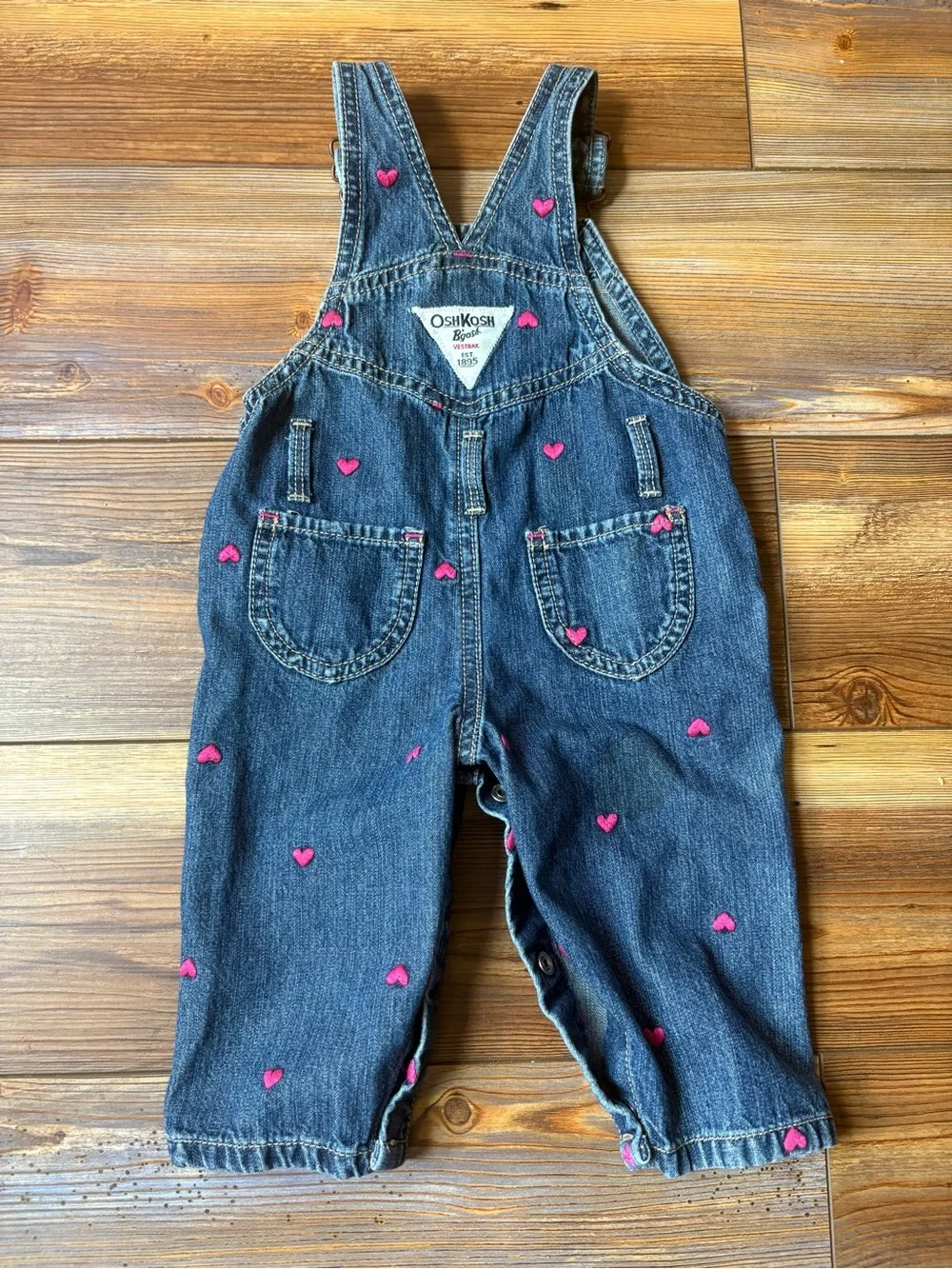 OshKosh B'gosh Dark Blue Denim Overalls with Pink Heart Accents